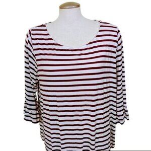 Green Envelope Top Women 2X White Burgundy Striped Knit Bell Sleeve Stretch